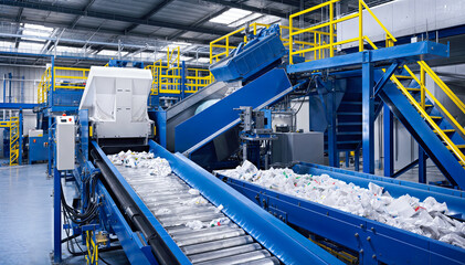  An extensive and efficient waste sorting and recycling facility featuring conveyor belts - obrazy, fototapety, plakaty
