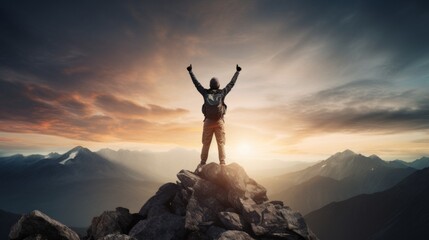 A man with his arms raised reaching the peak - obrazy, fototapety, plakaty