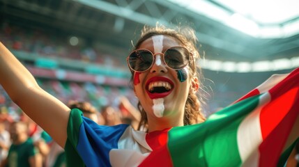 A happy fan at a public event in a stadium, holding an Italian flag with a smile and making a gesture, while enjoying the fun and leisure with a cheering crowd. AIG41