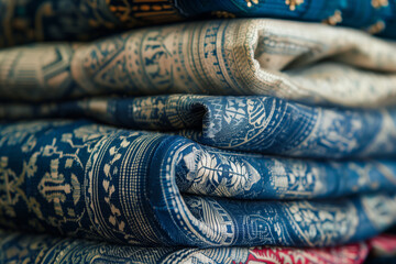 Elegant blue textiles close-up, intricate patterns and textures, luxury fabric design, focus on detail and craftsmanship