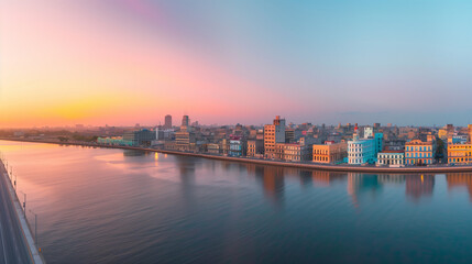 Panoramic view of the Havana skyline at sunset, pastel-colored buildings and the Malecón promenade, a timeless Cuban vista
