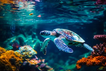 Deurstickers Sea turtle swimming near the sea surface next to corals. Underwater capture. © aguadeluna
