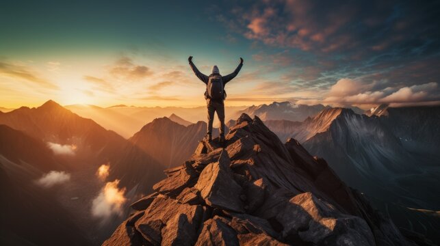 A man with his arms raised in victory on the peak