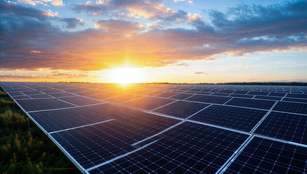  A large solar farm generates clean, renewable energy from the sun