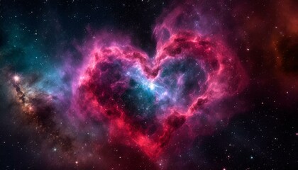 Heart-shaped nebula in deep space, with vibrant hues and sparkling stars - obrazy, fototapety, plakaty