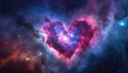 Heart-shaped nebula in deep space, with vibrant hues and sparkling stars - obrazy, fototapety, plakaty