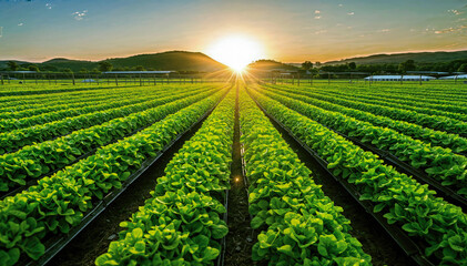  Rows of lettuce plants growing in a field at sunset