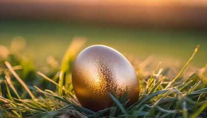 Golden egg color with metallic effect, for Easter on green grass close up