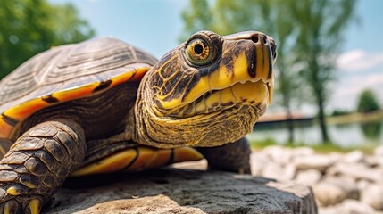 Obraz premium Close-up of a turtle. Natural background. Modern screen design. Illustration for cover, postcard, postcard, banner, poster, brochure or presentation.