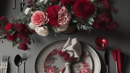 christmas table setting with flowers