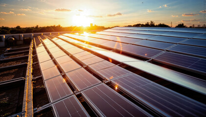 Fototapeta premium A large solar panel farm generates clean, renewable energy from the sun.