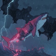 Obraz premium Futuristic depiction of shark with cybernetic enhancements in stormy ocean, blending sci-fi elements with natural predator in dramatic scene, showcasing imaginative and high-tech interpretation of mar