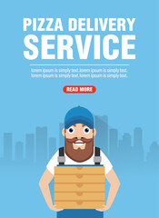 Pizza delivery service concept design flat banner with deliveryman pizza