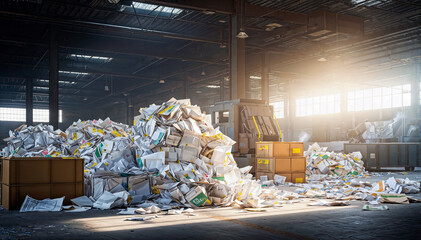  A large pile of unsorted paper waste in a warehouse, with sunlight shining through the windows - obrazy, fototapety, plakaty