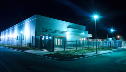  A modern industrial building with a large fence and bright lights at night