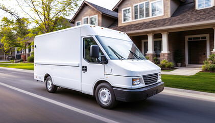 Fototapeta na wymiar White cargo van with blank space on side driving down tree lined suburban street with houses in background
