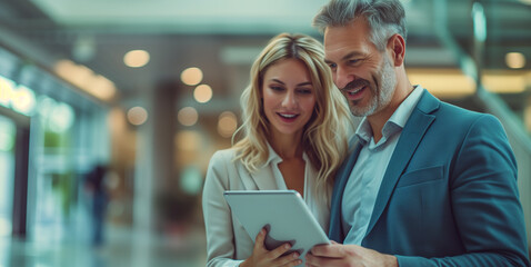 Corporate Teamwork: Business Professionals with Tablet. Business professionals, a man and a woman, are engaged and smiling while looking at a tablet in a modern office corridor.