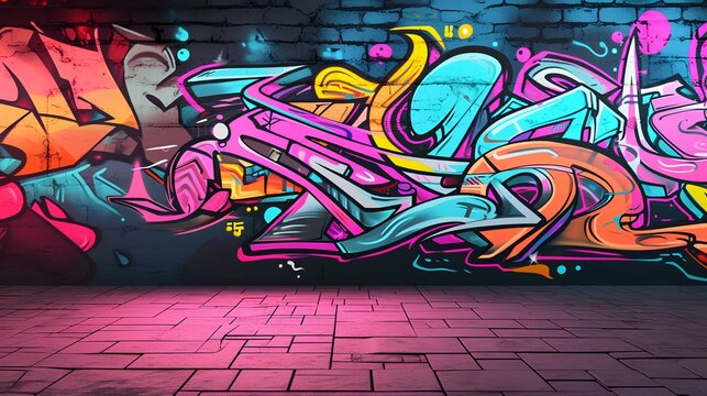Abstract colorful graffiti on brick wall. Street art concept. 3D Rendering © Robina