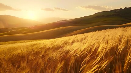 Rolling hills blanketed in a tapestry of golden wheat fields, swaying gently in the breeze. The warm glow of the afternoon sun casts long shadows across the landscape, creating a sense of depth 