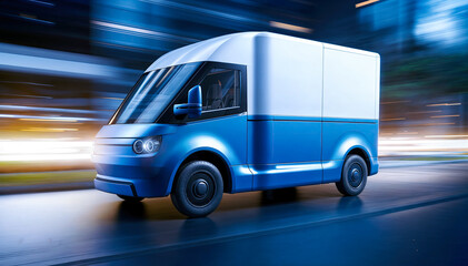  Blue electric van driving fast on the night road with blurred city lights in the background 3D rendering.
