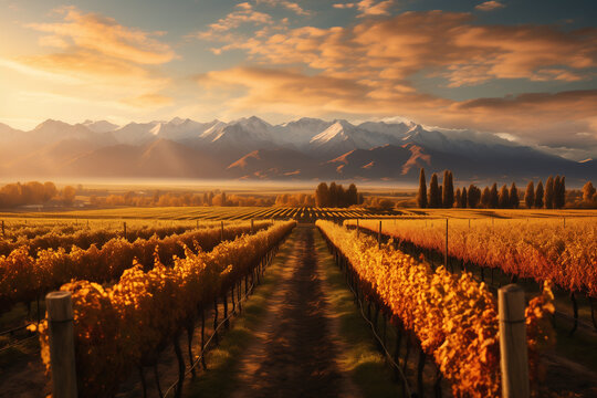 Vineyard near Mendoza, beautiful landscape in autumn sunset