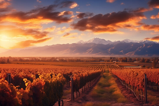 Vineyard near Mendoza, beautiful landscape in autumn sunset