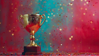 A gold trophy cup sitting on a red background. AI generated illustration - obrazy, fototapety, plakaty