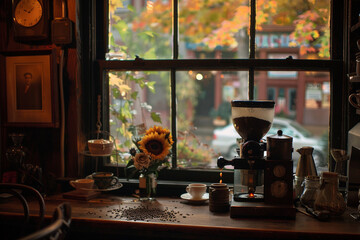 Fototapeta na wymiar The rhythmic sound of a coffee grinder echoing through the cozy ambiance of a neighborhood cafe, as patrons eagerly await their favorite brews, a ritual that embodies the essence o