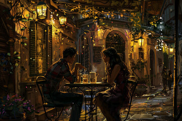 The cozy intimacy of a candlelit cafe corner, where couples share stolen glances and whispered secrets over frothy lattes, enveloped in the romantic ambiance that defines the essen - obrazy, fototapety, plakaty