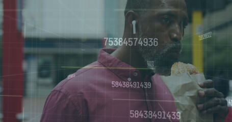 Multiple increasing numbers and data processing against african american senior man having a snack