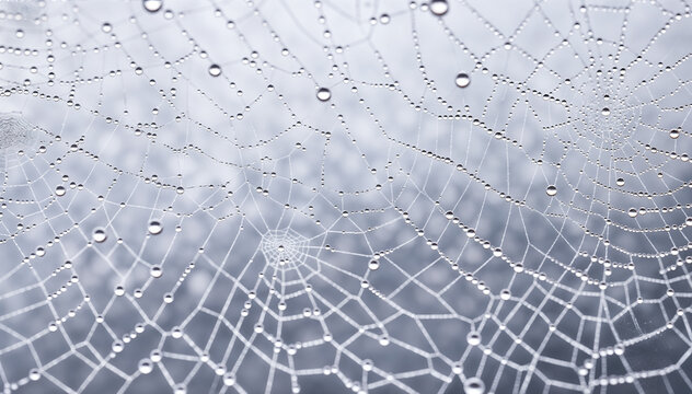  A delicate and intricate spider web is covered in morning dew, glistening in the sunlight