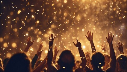 people celebrate in a night party hands up blur lights background gold splashes