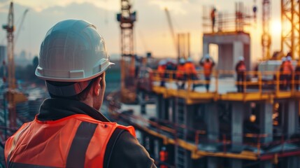 Fototapeta premium An engineer closely monitors a team of construction workers on a high steel platform at a bustling building site