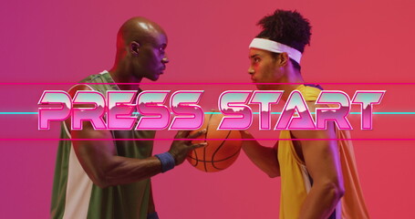 Image of press start text over neon pattern and diverse basketball players
