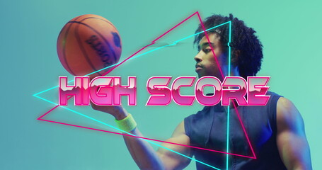 Image of high score text over neon pattern and biracial basketball player