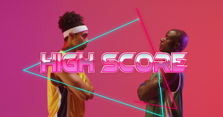 Image of high score text over neon pattern and diverse basketball players