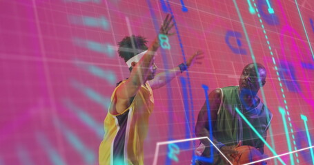 Image of statistics and data processing over diverse basketball players