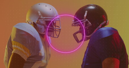 Image of neon shapes and data processing over caucasian american football player - Powered by Adobe