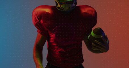Image of neon shapes and data processing over american football player