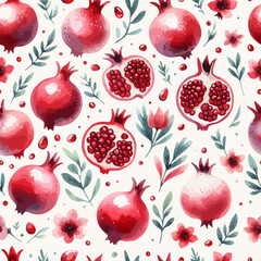 Watercolor pomegranate pattern. Hand drawn seamless texture.