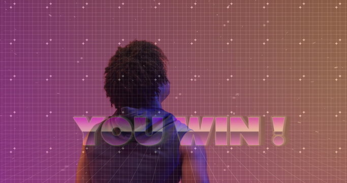 Image of you win text over pattern and biracial basketball player