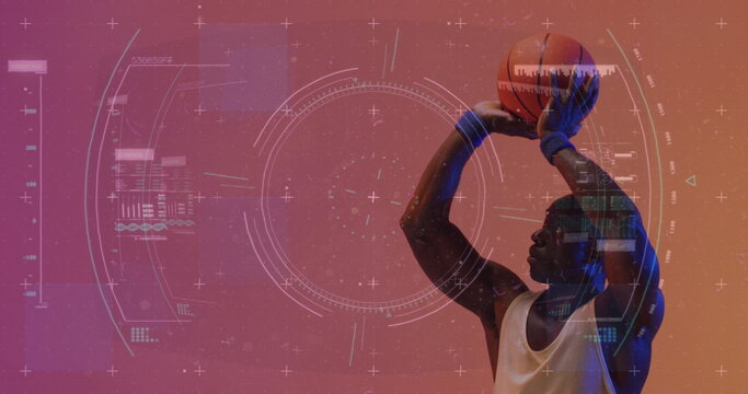 Image of statistics and data processing over african american basketball player