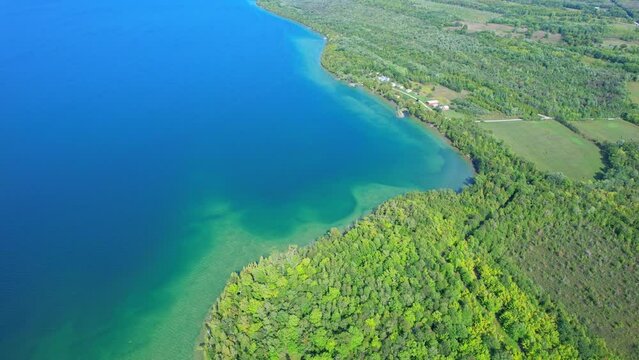 Luxury day vacation aerial view, surrounded by the natural beauty of Lake Manitou. Haven allure of recreational bliss, panoramic views of shoreline of Manitoulin Island, aquatic adventures in paradise
