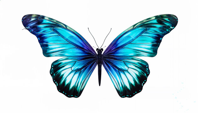  A stunning closeup photograph of a blue morpho butterfly, isolated on a white background.