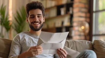 Joyful hispanic received letter mail notification man sitting at home in living room on sofa holding envelope smiling reading. 