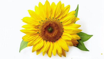  Bright, beautiful sunflower with green leaves isolated on white background