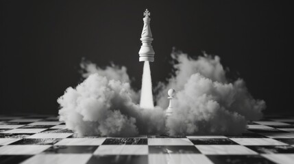 king chess piece taking off vertically like a rocket from a chessboard - obrazy, fototapety, plakaty