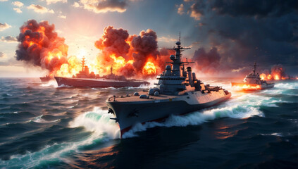 A massive naval battle with destroyers - obrazy, fototapety, plakaty