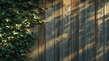 Sunlight Casting Shadows on a Wooden Fence with Climbing Ivy Leaves
