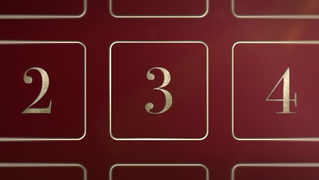 Red door number 3 Three opening calendar reveal, updateable green screen revealing transition sting, 3D gold xmas festive golden numbered doors shiny video, Christmas Advent Calendar animation